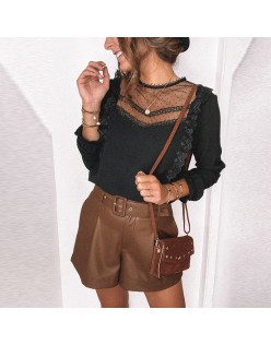Fashion French Round Neck Long Sleeve Stitching Lace Top