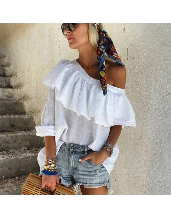 Classy Off The Shoulder Ruffled Pure Colour Shirt