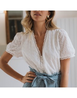 Fashion French V-neck Stitching Lace Shirt